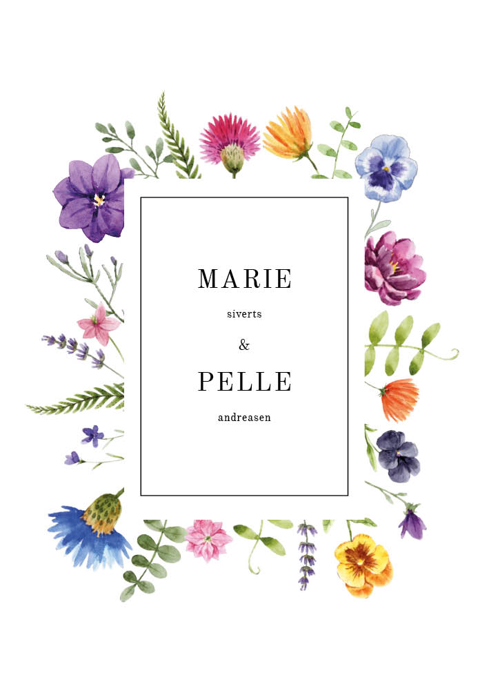 
                Marie & Pelles invitation er det oplagte valg af bryllupsinvitation hvis I skal invitere til et romantisk sommerbryllup. Her er det blomster der bryder designet. Til den smukke bryllupsinvitation kommer alt det relateret tilbehør I skulle få brug for af festpynt til den store dag. Herunder salmehæfte, velkomstskilte, bordoversigt, menukort, bordkort, drinkskort, takkekort mm. således I kan skabe en rød tråd for bryllupsdagen.                